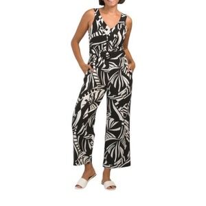 Tahari Sz‎ 6 Linen Crop Wide Leg Jumpsuit Beaded Belt Buckle Black White Print